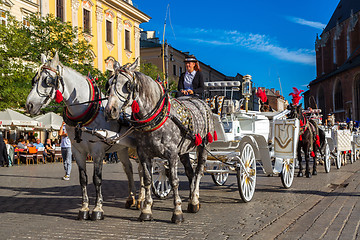 Image showing Horse carriages at main square in Krakow