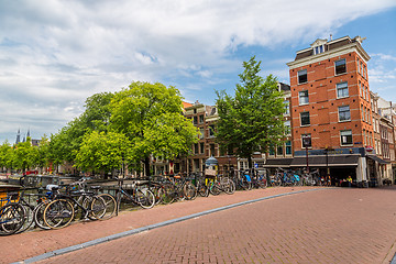 Image showing Bicycles on a bridge over the canals of Amsterdam