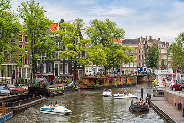 Image showing Amsterdam canals and  boats, Holland, Netherlands.