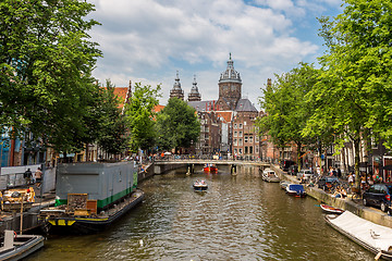 Image showing Canal and St. Nicolas Church in Amsterdam