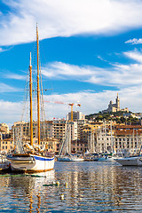 Image showing Notre Dame de la Garde and olf port in Marseille, France