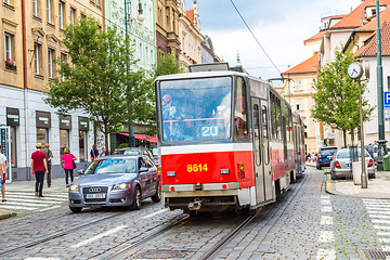 Image showing Prague red Tram detail, Czech Republic