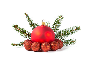 Image showing red Christmas balls and fir branch