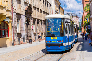 Image showing Blue city tram in Wroclaw,