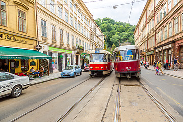 Image showing Prague red Tram detail, Czech Republic