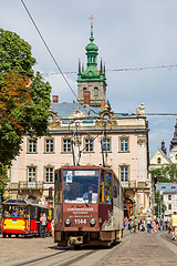 Image showing Old  tram is in the historic center of Lviv.