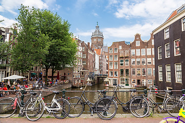 Image showing Bicycles on a bridge over the canals of Amsterdam