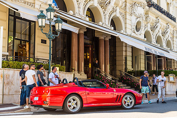 Image showing Red Ferrari and Hotel de Paris in Monte Carlo