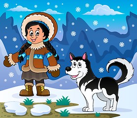 Image showing Inuit girl with Husky dog