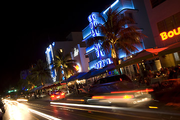 Image showing art deco hotel neon lights night scene