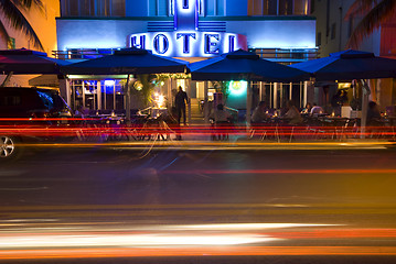 Image showing art deco hotel neon lights night scene