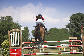 Image showing Young girl jumping on horseback