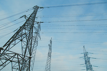 Image showing Big frosty power lines among winter.