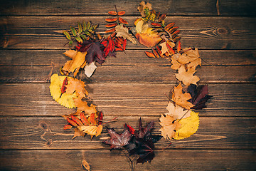 Image showing Background with wooden table and autumnal leaves