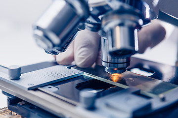 Image showing Scientist hands with microscope