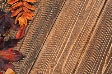 Image showing Background with wooden table and autumnal leaves
