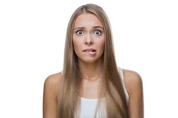 Image showing Portrait of shocked woman on white background