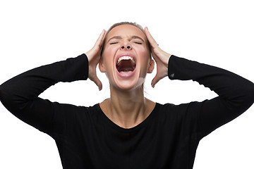 Image showing Portrait of stressed woman on white background