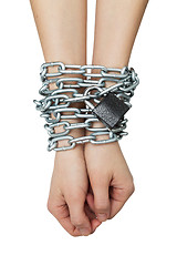 Image showing Social theme: hands tied a metal chain on a white background