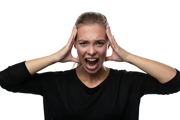 Image showing Portrait of stressed woman on white background