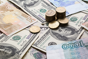 Image showing Money from different countries: dollars, euros, rubles
