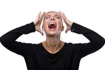 Image showing Portrait of stressed woman on white background