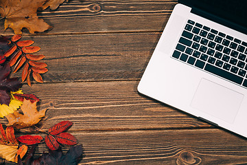 Image showing Background with laptop and autumnal leaves