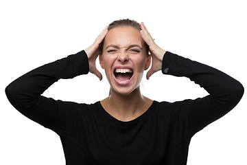 Image showing Portrait of stressed woman on white background