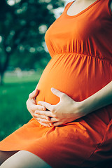 Image showing Pregnant woman, holding in hands bouquet of daisy 