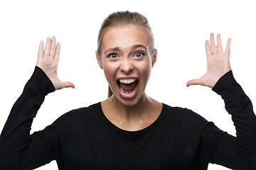 Image showing Portrait of stressed woman on white background