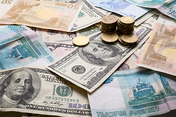 Image showing Money from different countries: dollars, euros, rubles