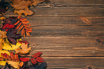 Image showing Background with wooden table and autumnal leaves