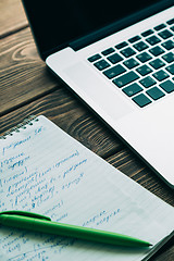 Image showing Workplace with open laptop on modern wooden desk 