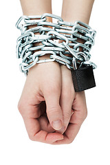 Image showing Social theme: hands tied a metal chain on a white background