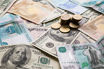 Image showing Money from different countries: dollars, euros, rubles