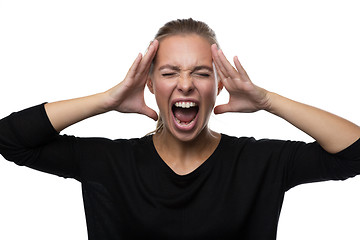 Image showing Portrait of stressed woman on white background