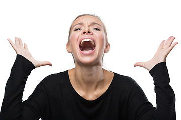 Image showing Portrait of stressed woman on white background