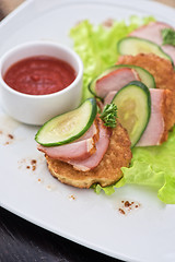 Image showing pancakes with ham and cucumber 