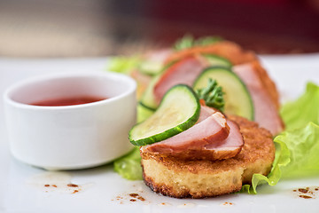 Image showing pancakes with ham and cucumber 