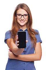 Image showing Woman showing blank black smart phone screen