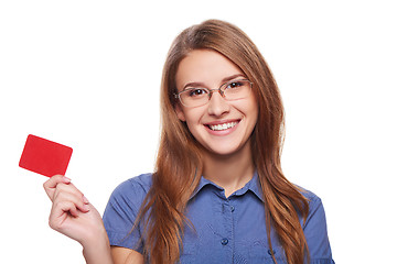 Image showing Confident business woman in glasses showing blank credit card