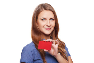 Image showing Confident business woman in glasses showing blank credit card