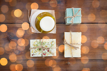 Image showing close up of handmade soap bars on wood