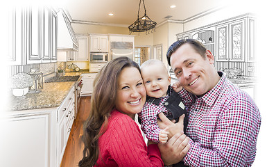 Image showing Young Family Over Custom Kitchen Design Drawing and Photo Combin