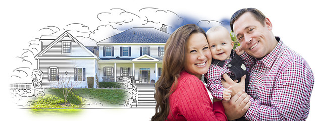 Image showing Young Family Over House Drawing and Photo on White