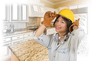 Image showing Hispanic Woman in Hard Hat with Kitchen Drawing and Photo