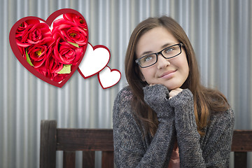 Image showing Daydreaming Girl Next To Floating Hearts with Red Roses