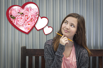 Image showing Daydreaming Girl Next To Floating Hearts with Pink Roses