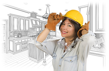 Image showing Hispanic Woman in Hard Hat with Kitchen Drawing Behind