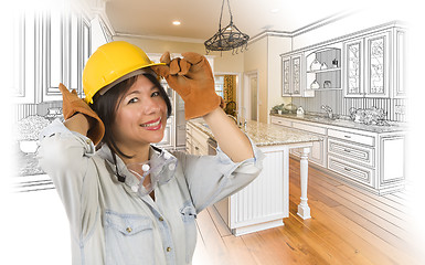 Image showing Hispanic Woman in Hard Hat with Kitchen Drawing and Photo